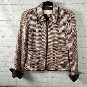 Doncaster tweed brown and orange silk blend blazer with leather trim Sz 4